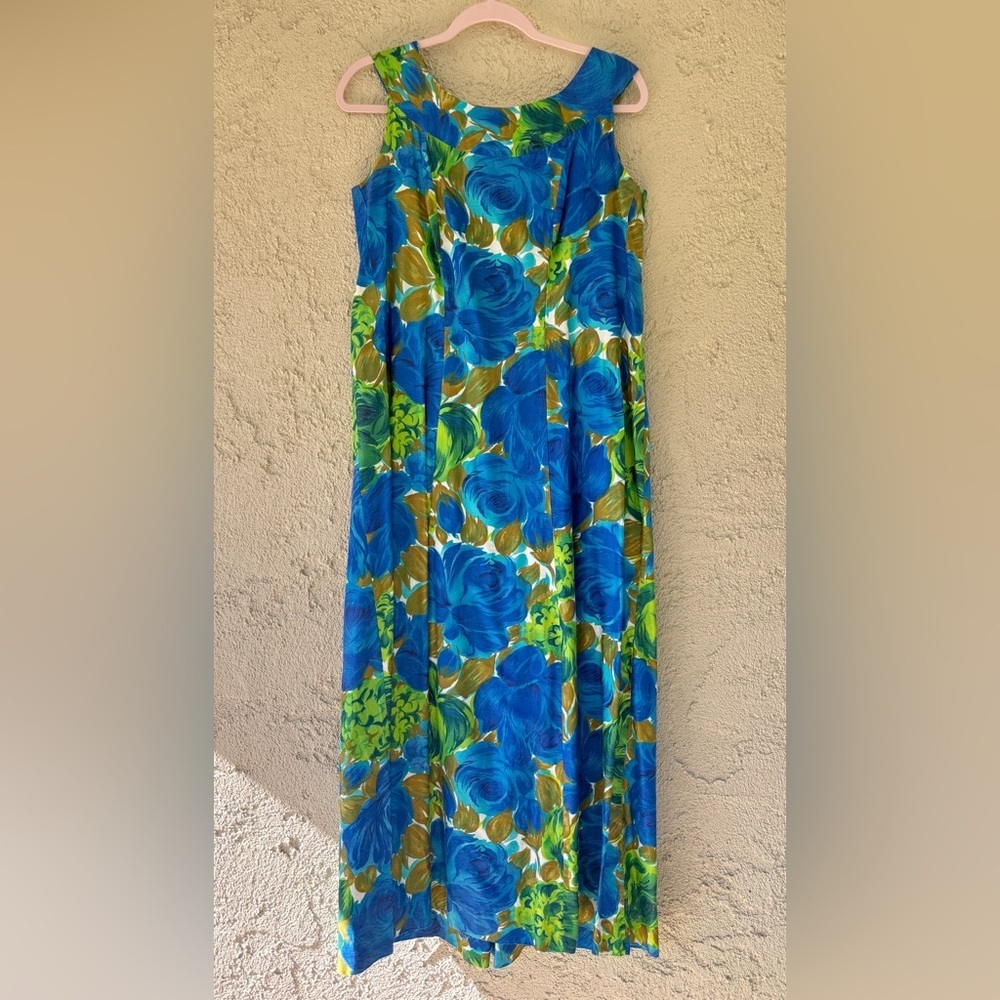 Vintage Basila 60s Vibrant Floral Blue and Green Sleeveless Caftan Hostess Dress - Picture 13 of 13